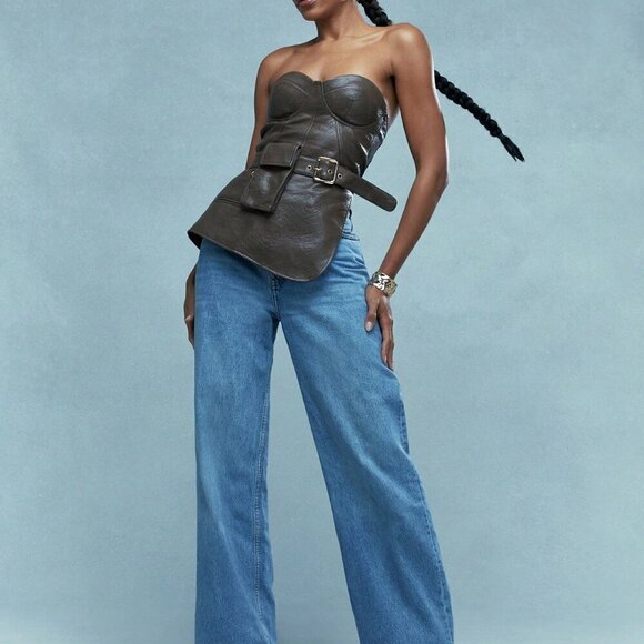 Brown Casual Women's Asymmetric Faux Leather Bandeau Top With Belt And Purse - Picture 5 of 5